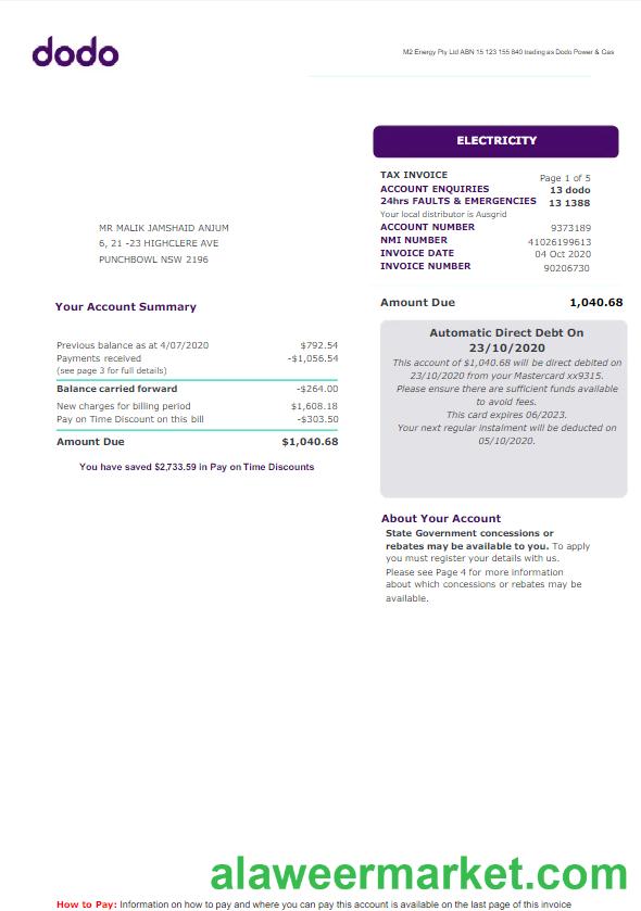 AUSTRALIA NEW SOUTH WALES DODO utility bill Word and PDF template